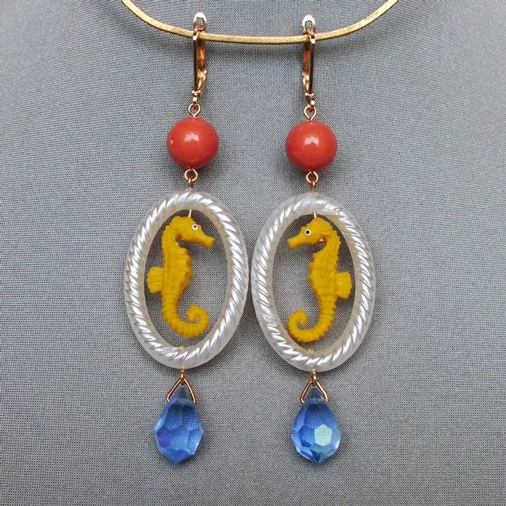 Whimsical rubber earrings yellow seahorse pendant… - image 3