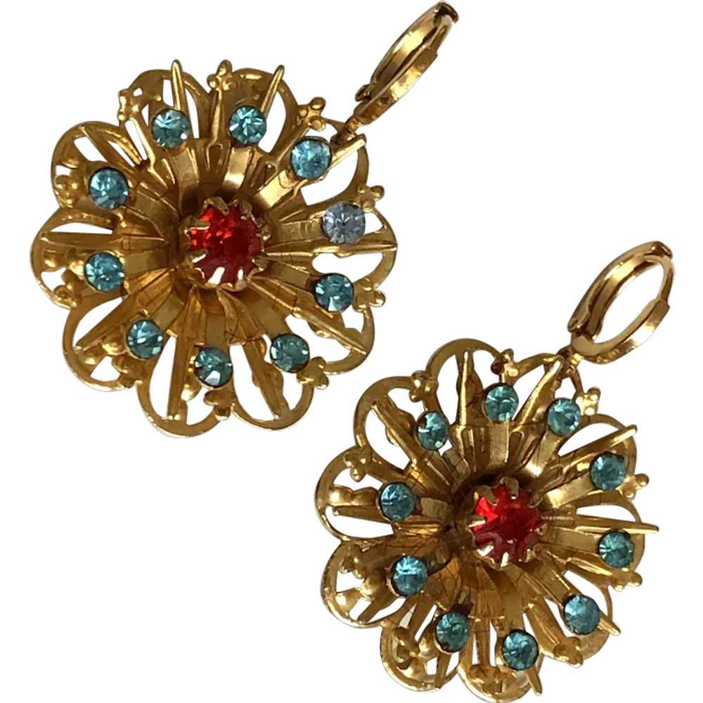 Vintage gold-plated brass flower earrings red tur… - image 1
