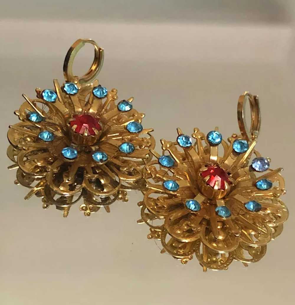 Vintage gold-plated brass flower earrings red tur… - image 3