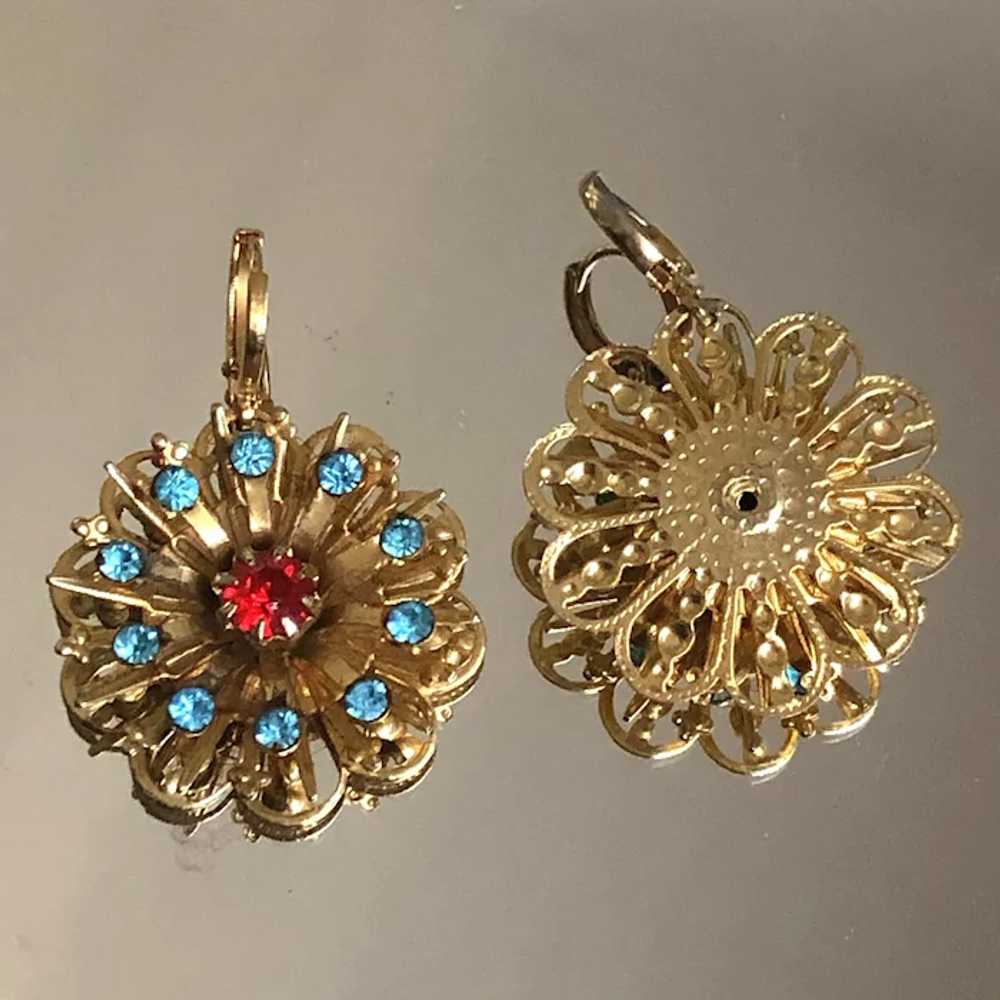 Vintage gold-plated brass flower earrings red tur… - image 5