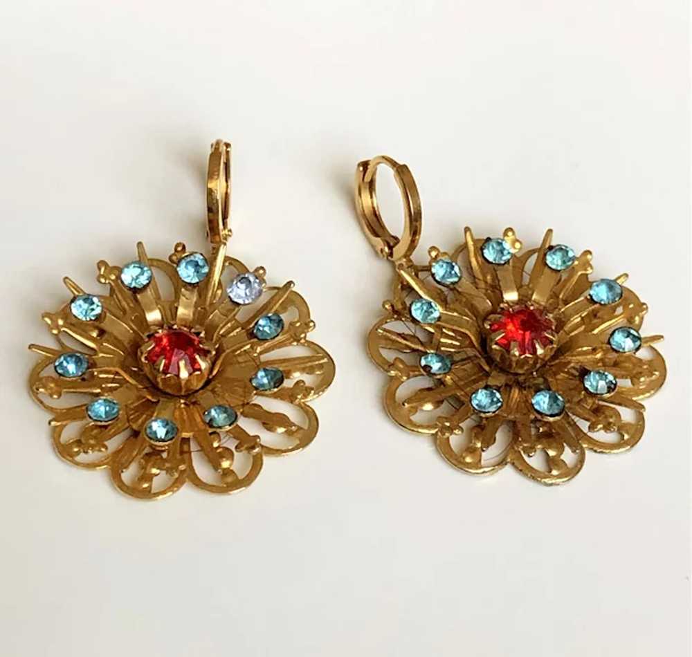 Vintage gold-plated brass flower earrings red tur… - image 6