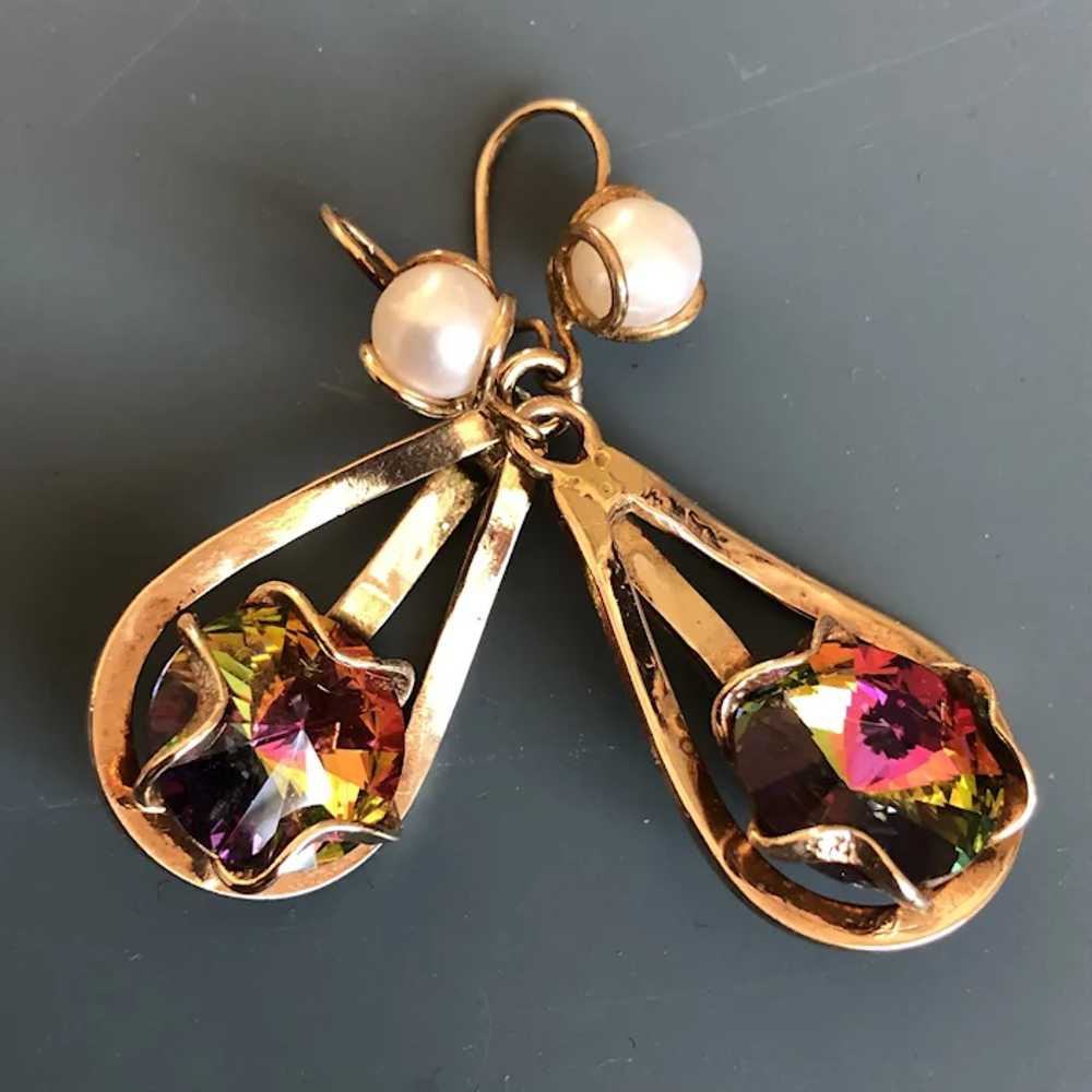 Pink aurora borealis crystal and pearl in brass c… - image 3