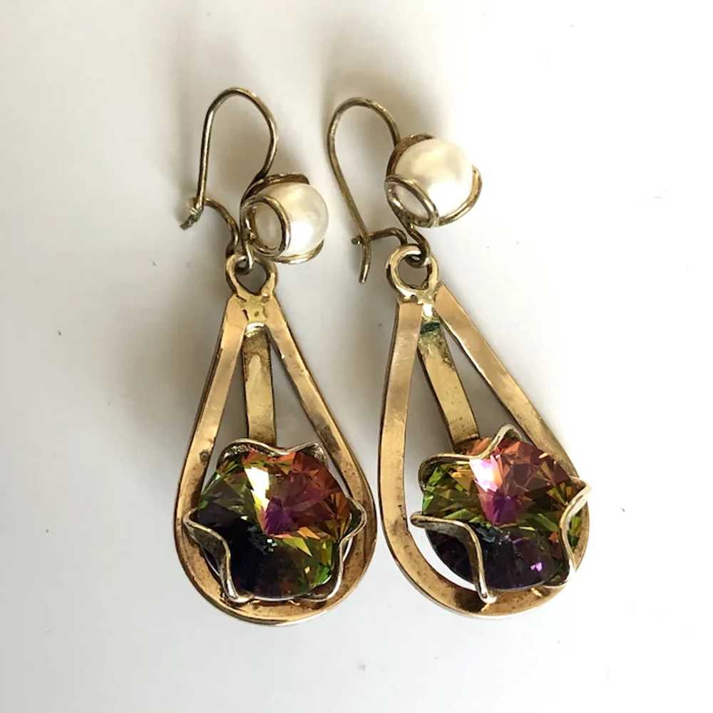 Pink aurora borealis crystal and pearl in brass c… - image 5