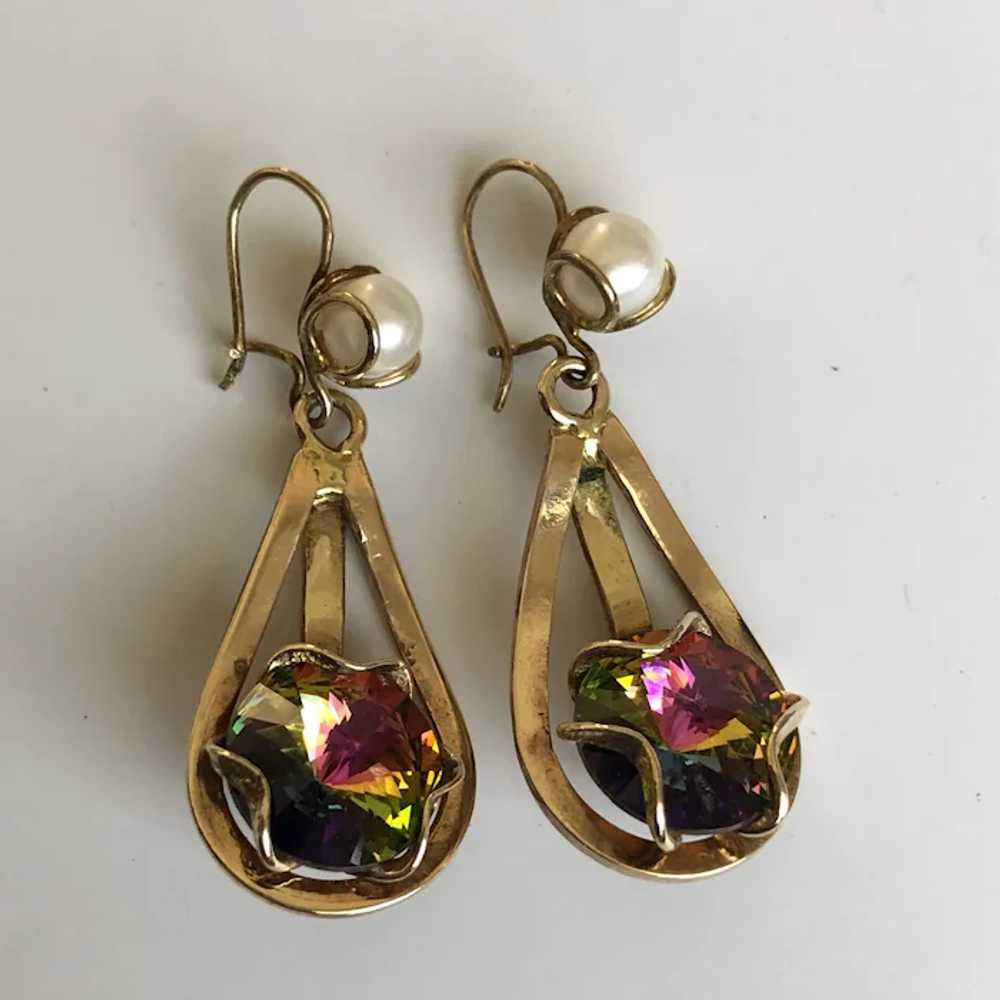 Pink aurora borealis crystal and pearl in brass c… - image 7