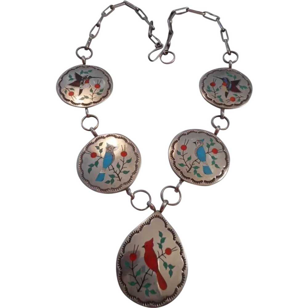 Zuni Inlay Sterling Silver Vintage Necklace - image 1