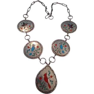 Zuni Inlay Sterling Silver Vintage Necklace - image 1