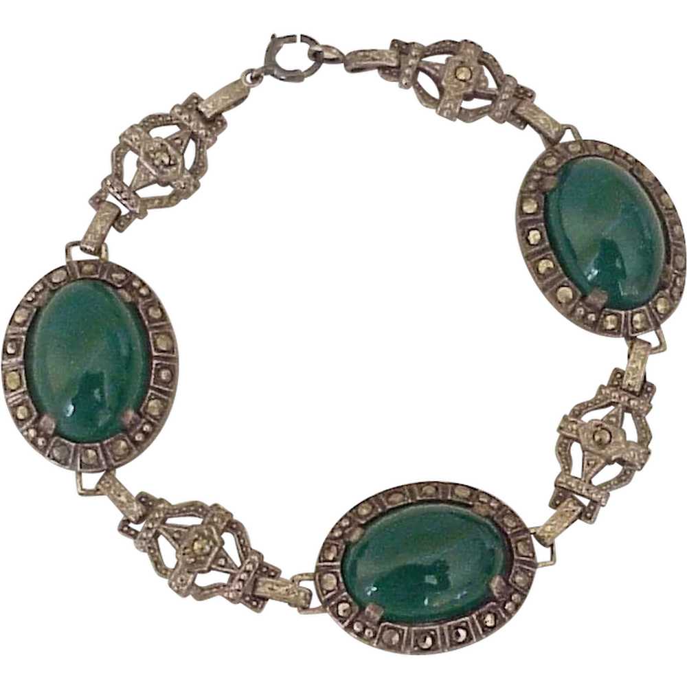 Art Deco Bracelet Sterling Silver Chrysoprase & M… - image 1