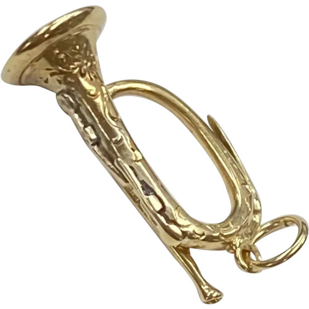 Ornate Bugle Horn Vintage Charm 14K Gold Three-Di… - image 1