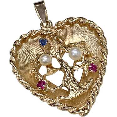 Jeweled Tree Of Life Vintage Heart Charm 14K Gold