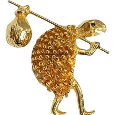 Jeanne Gold-Tone Turtle With Nap Sack Brooch, Sign