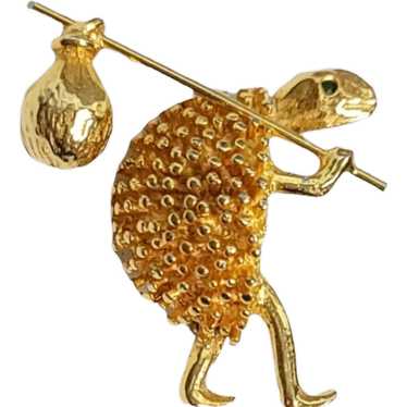 Jeanne Gold-Tone Turtle With Nap Sack Brooch, Sig… - image 1