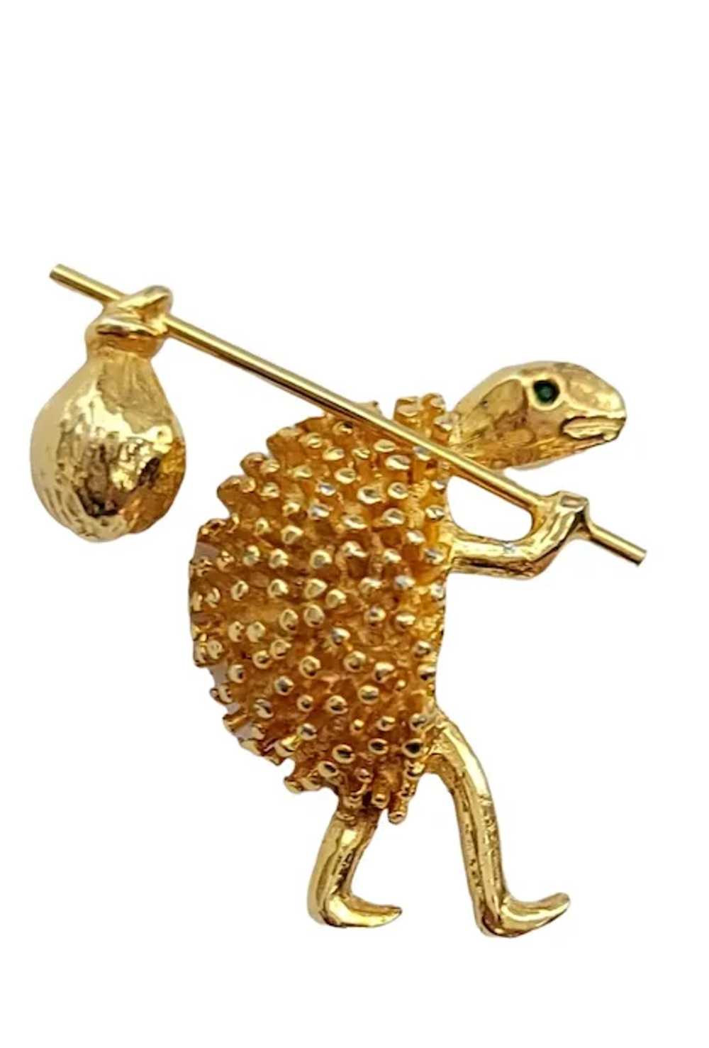 Jeanne Gold-Tone Turtle With Nap Sack Brooch, Sig… - image 3