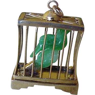 Big Vintage Charm Jade Bird in Birdcage 14K Gold … - image 1