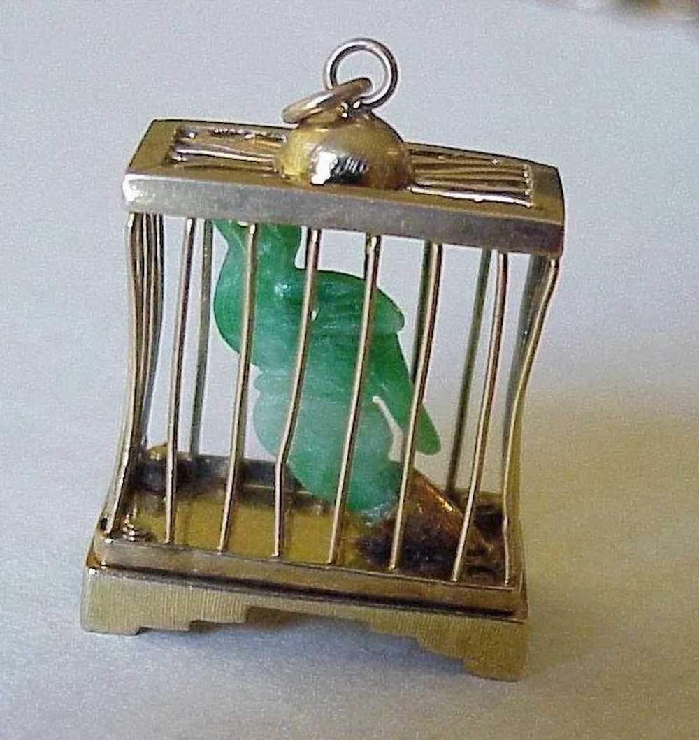 Big Vintage Charm Jade Bird in Birdcage 14K Gold … - image 2