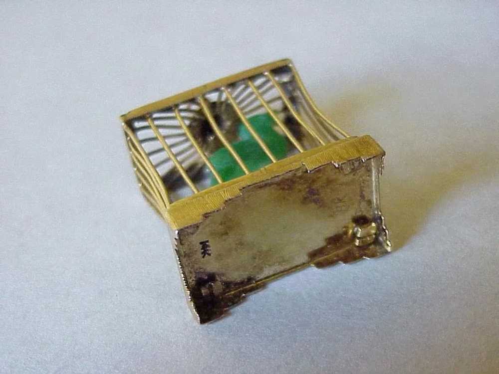 Big Vintage Charm Jade Bird in Birdcage 14K Gold … - image 3