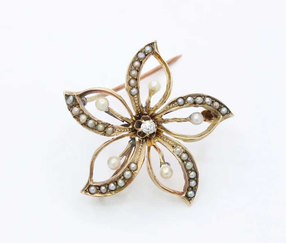Small Antique 10K Gold Diamond and Pearl Flower F… - image 2