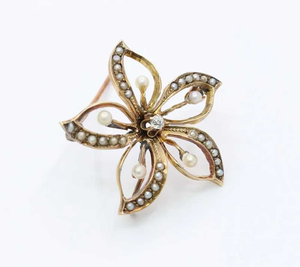 Small Antique 10K Gold Diamond and Pearl Flower F… - image 3