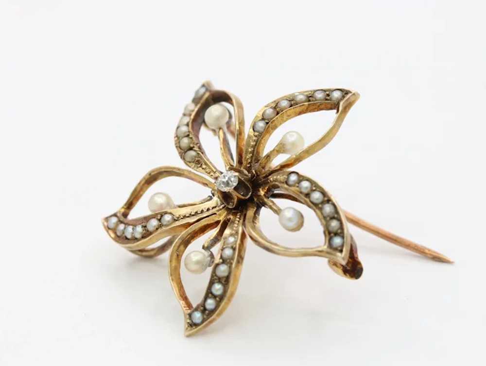 Small Antique 10K Gold Diamond and Pearl Flower F… - image 4