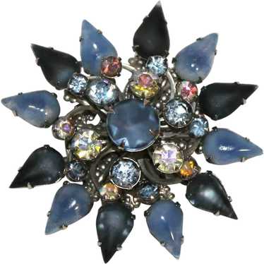 Large Blue Flower Brooch with Blue Satin Glass an… - image 1