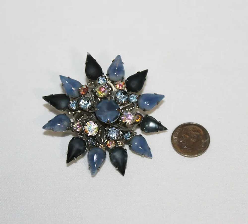 Large Blue Flower Brooch with Blue Satin Glass an… - image 2