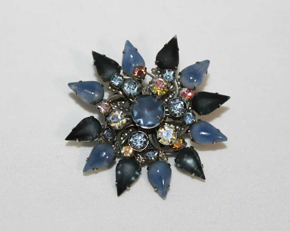Large Blue Flower Brooch with Blue Satin Glass an… - image 5