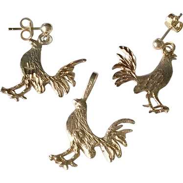 Rooster Vintage Pendant & Earrings 14K Gold Three-Dim… - Gem