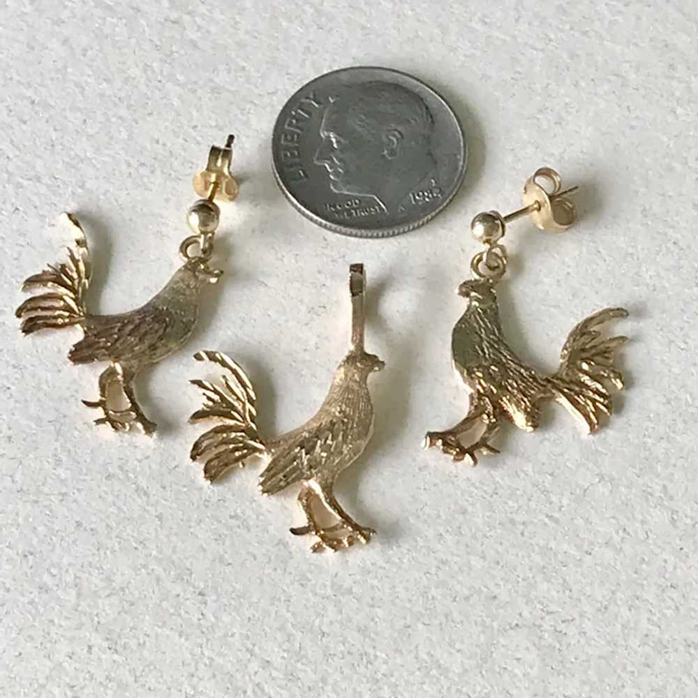 Rooster Vintage Pendant & Earrings 14K Gold Three-Dim… - Gem