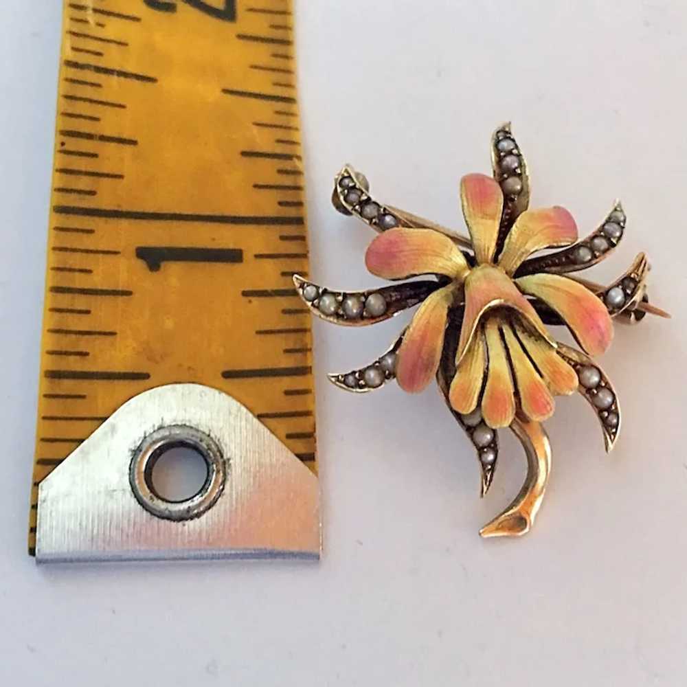 Rare Victorian Enamel 14K Gold Pearl Orchid Flowe… - image 2