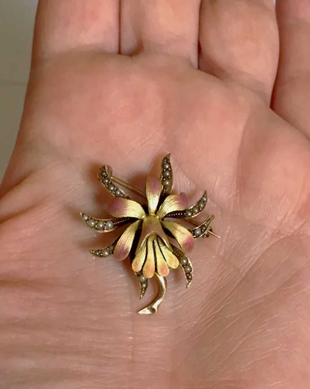 Rare Victorian Enamel 14K Gold Pearl Orchid Flowe… - image 3