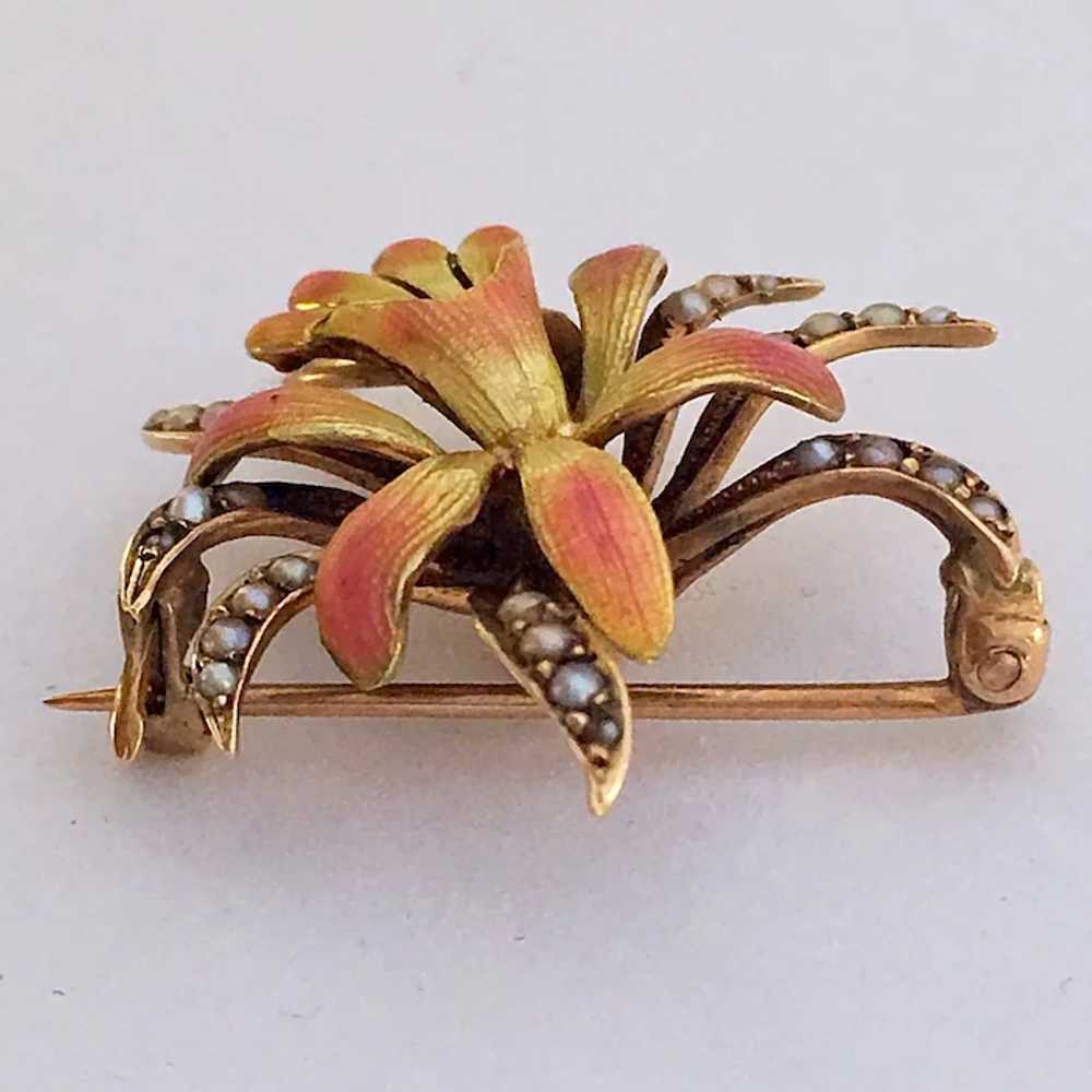 Rare Victorian Enamel 14K Gold Pearl Orchid Flowe… - image 4