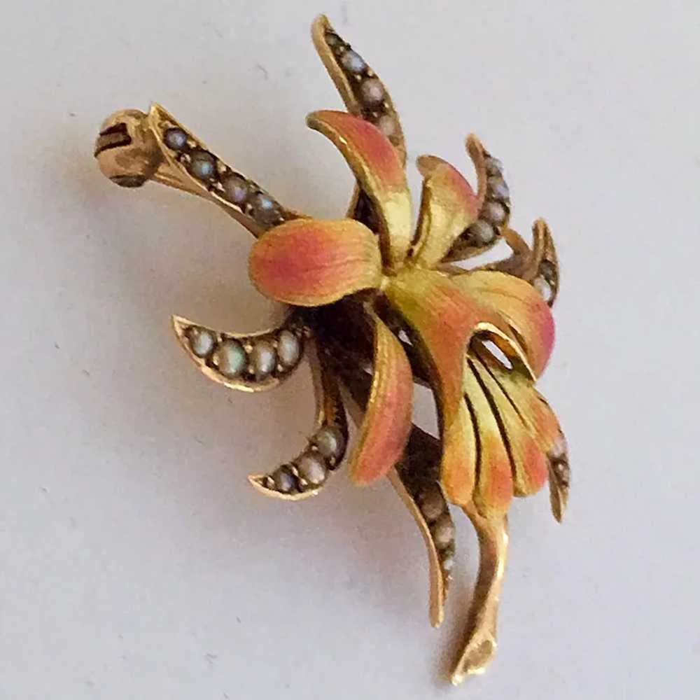 Rare Victorian Enamel 14K Gold Pearl Orchid Flowe… - image 5