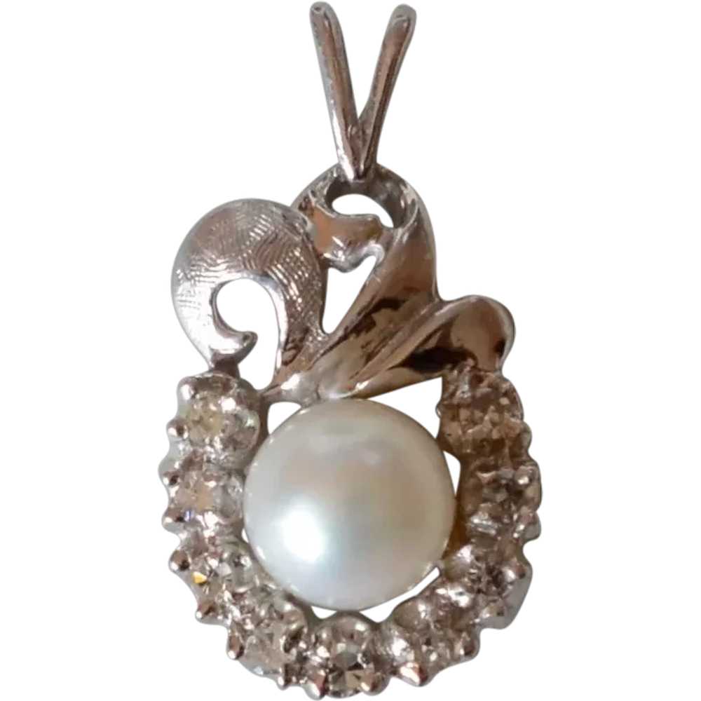 Vintage 14K White Gold Diamond & Pearl Pendant - image 1