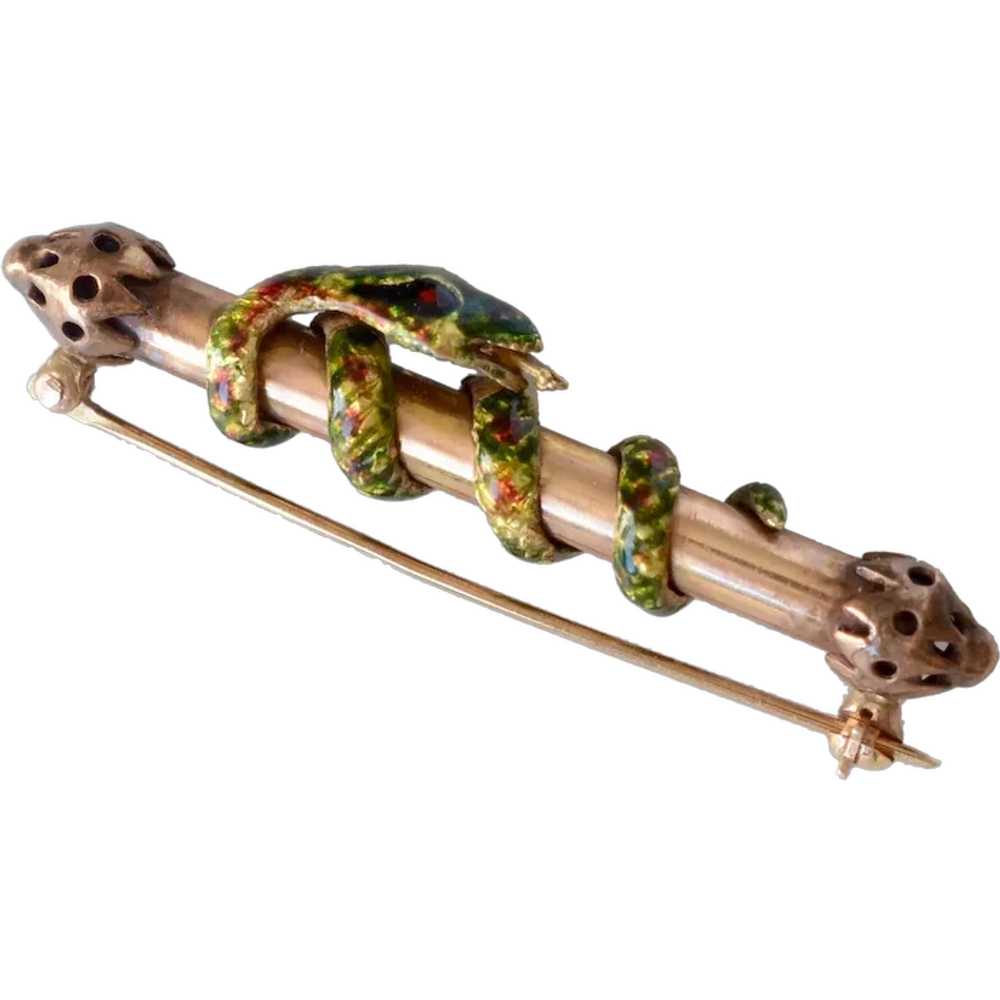 Victorian Antique 10K Rose Gold Enamel Snake Broo… - image 1