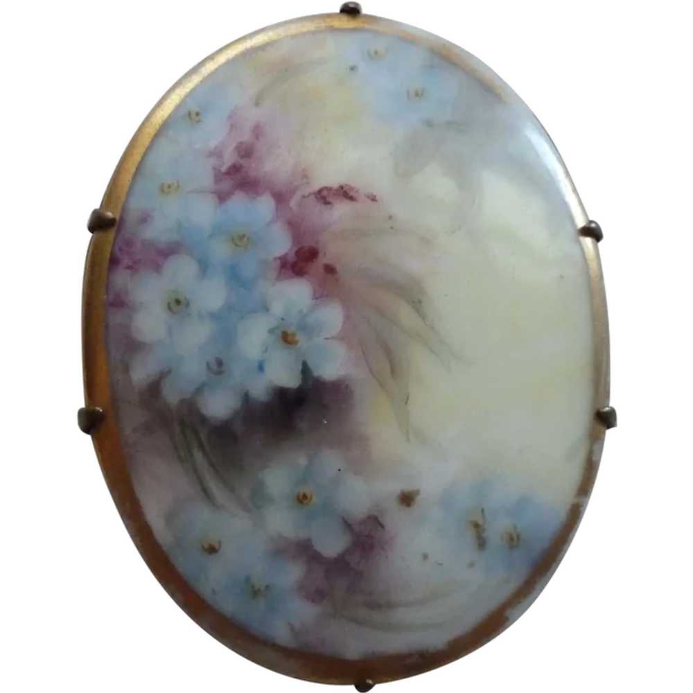 Victorian Hand Painted Porcelain Pin Brooch Flowe… - image 1