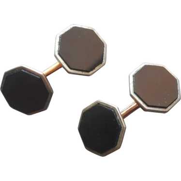 ca 1930 Cufflinks Button Style Hexagonal Black Gl… - image 1