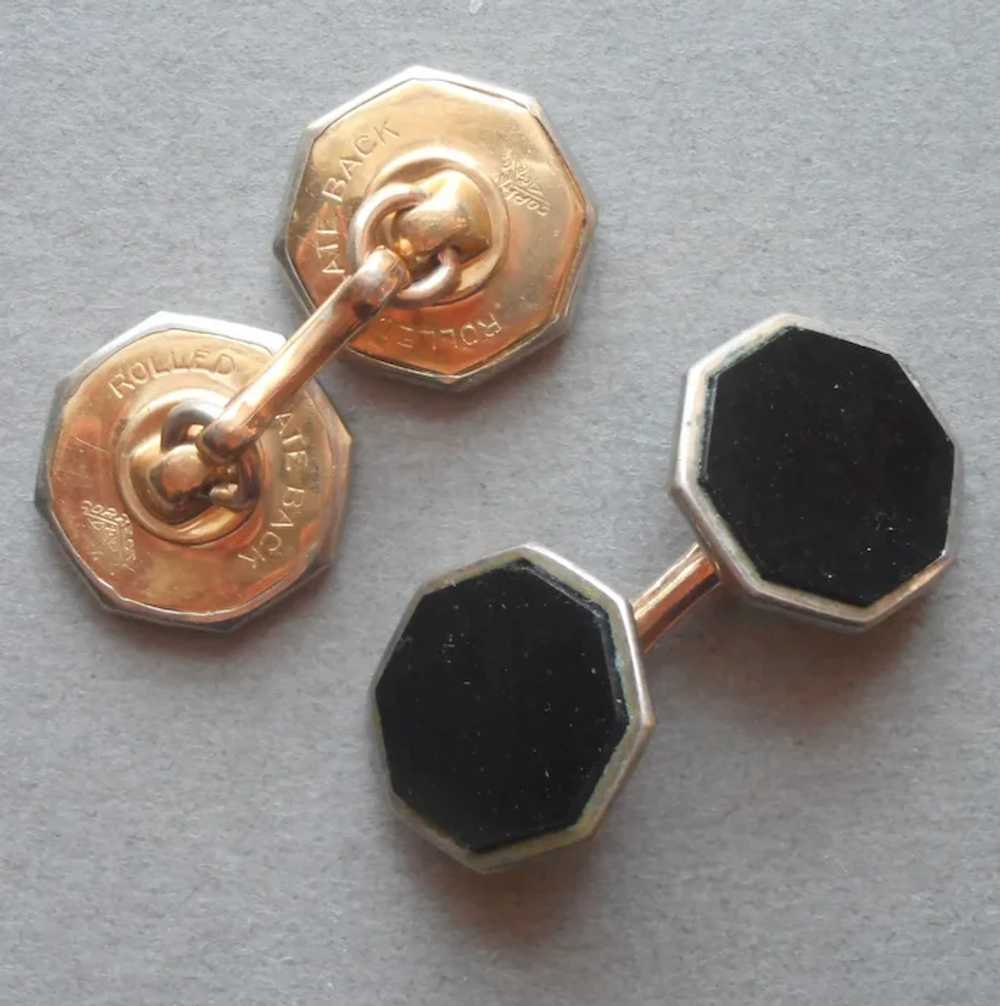 ca 1930 Cufflinks Button Style Hexagonal Black Gl… - image 3