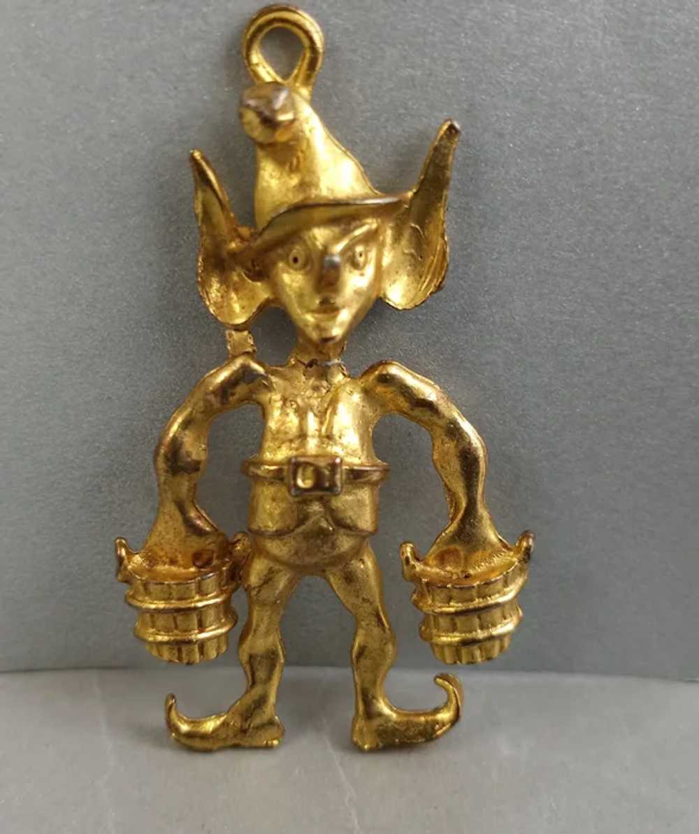 Vintage Mid-Century Goldtone Whimsical Elf Pendan… - image 3