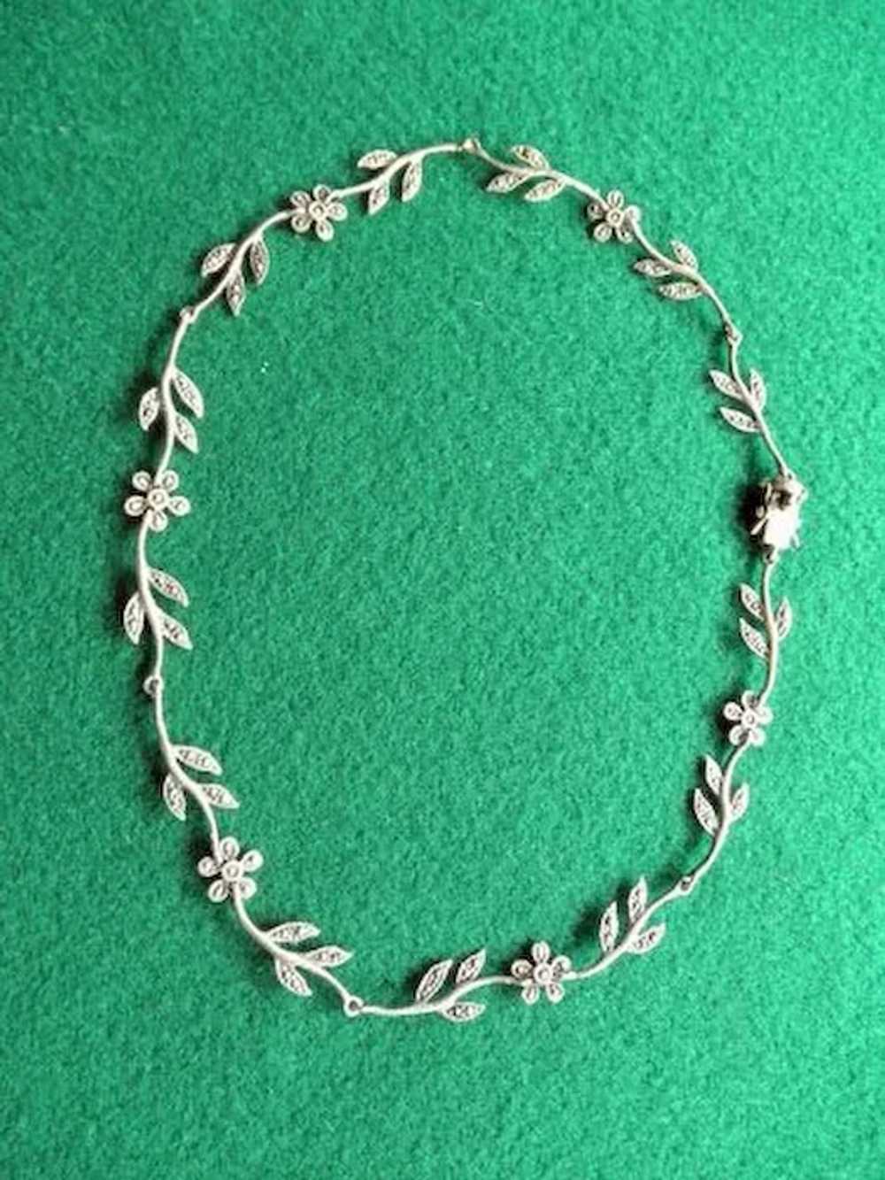 Vintage Sterling & Marcasite Floral Necklace 16" - image 1