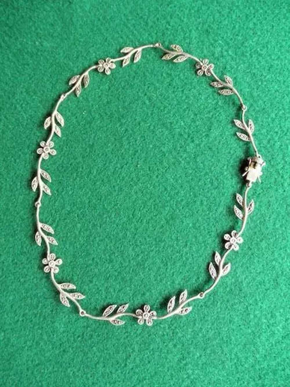 Vintage Sterling & Marcasite Floral Necklace 16" - image 3
