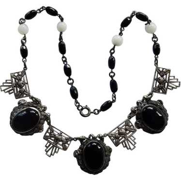 Art Deco Czech Onyx Silver Tone Necklace - image 1