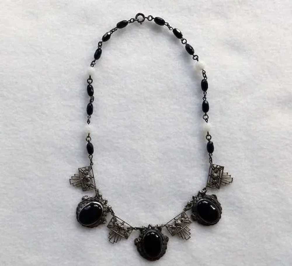 Art Deco Czech Onyx Silver Tone Necklace - image 2