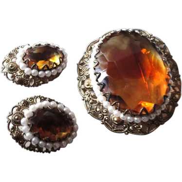 Pre WWII Germany Faux Topaz - Citrine & Seed Pearl