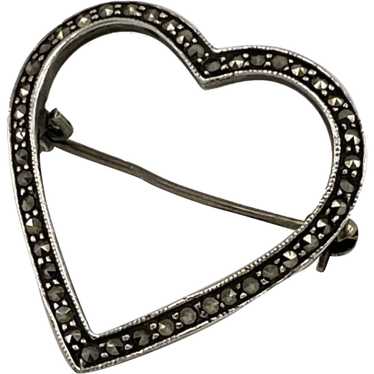 Sterling Silver Marcasite Vintage Heart Pin - image 1