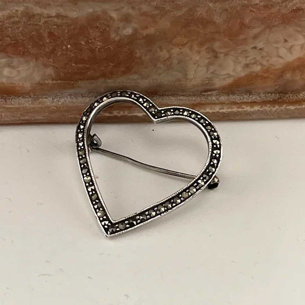 Sterling Silver Marcasite Vintage Heart Pin - image 2
