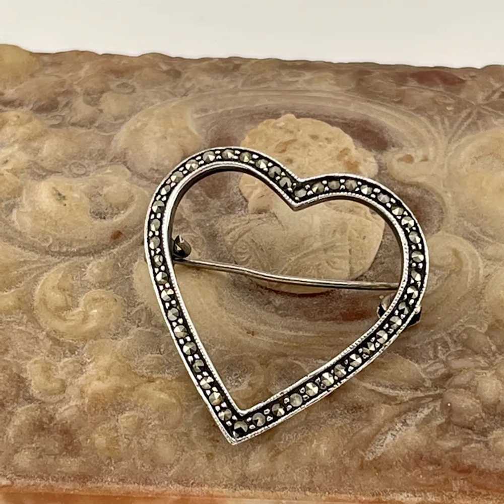 Sterling Silver Marcasite Vintage Heart Pin - image 4