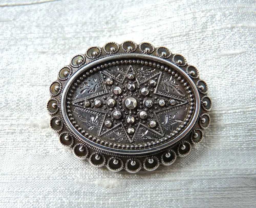 Antique Victorian Sterling Silver Etched Brooch - image 2