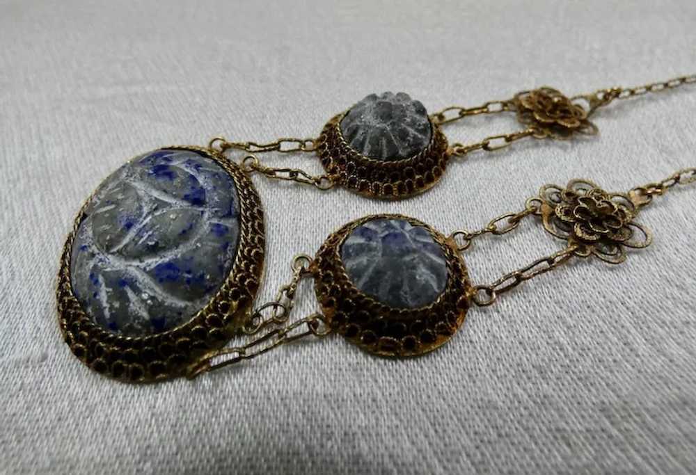 Art Deco Chinese Gilt Silver Carved Lapis Stone N… - image 6