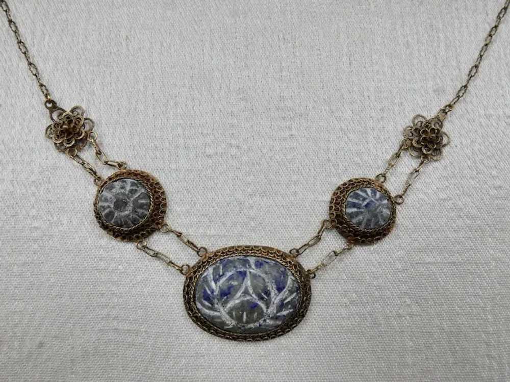 Art Deco Chinese Gilt Silver Carved Lapis Stone N… - image 7