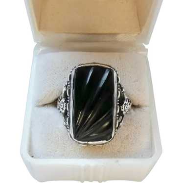 Art Deco Carved Onyx Sterling Silver Ring - image 1