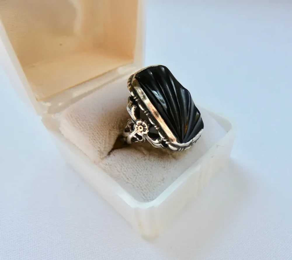 Art Deco Carved Onyx Sterling Silver Ring - image 2